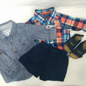 𝅺TOMMY BAHAMAS Denim Shirt + NWT OSHKOSH Plaid Bodysuit + Shorts + NWOT Sandals
